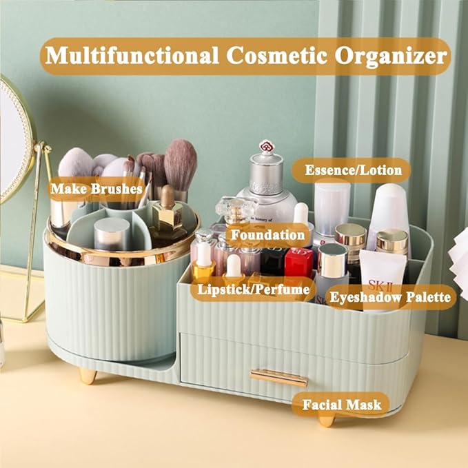 Makeup Organizer Countertop with Drawer 360 Rotating Brush Holder Storage Large Capacity Skincare Cosmetic Display Cases for Vanity Bathroom Desktop, Model 3016 Green