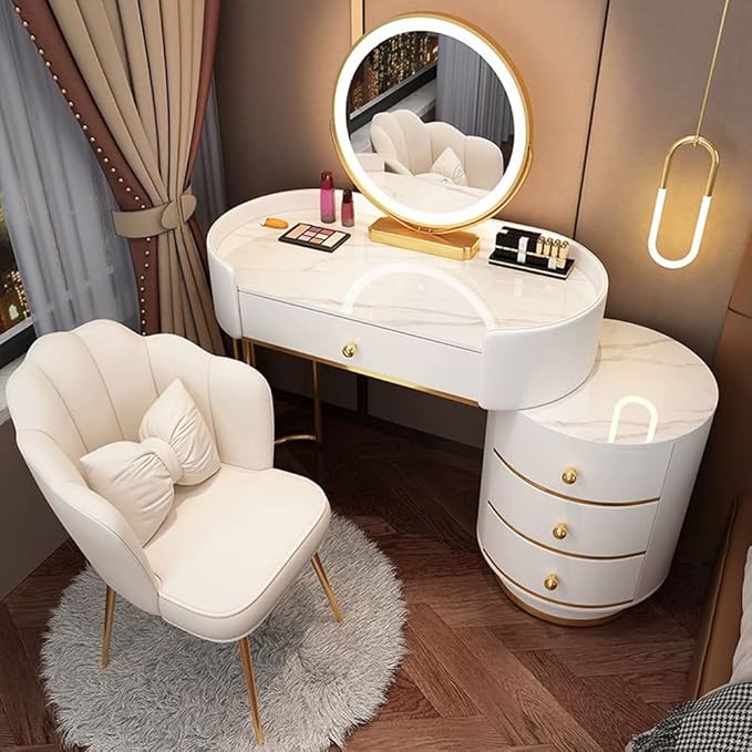 KWOKING Contemporary Make-up Vanity with Slate Stone Top & Storage Drawers Bedroom Dressing Table Storage Cabinet Integrated Table White - Makeup Vanity & Mirror 31" L x 16" W x 31" H