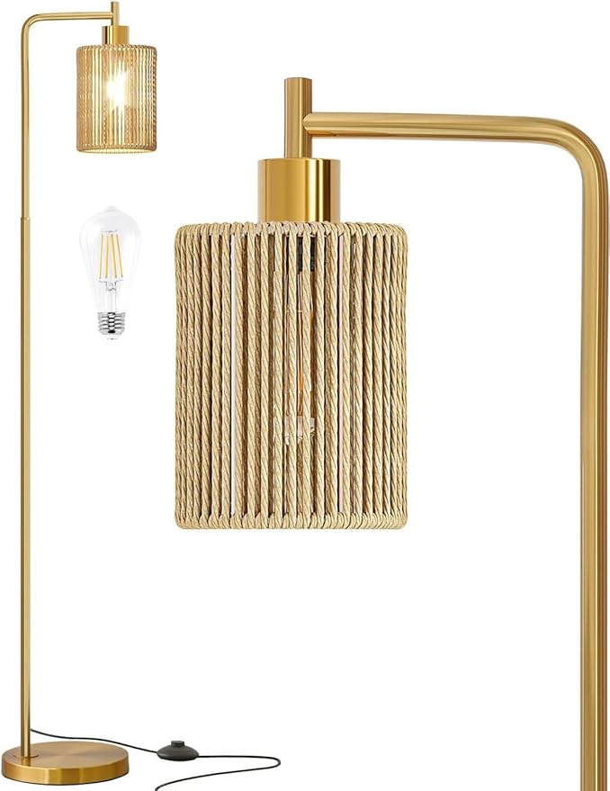 Oneach 66" Gold Floor Lamp for Living Room, Boho Floor Lamp with LED Bulb, Foot Switch, Rattan Shade, Industrial Tall Farmhouse Standing Lamp for Bedroom, Dining Room, Study Room, Office