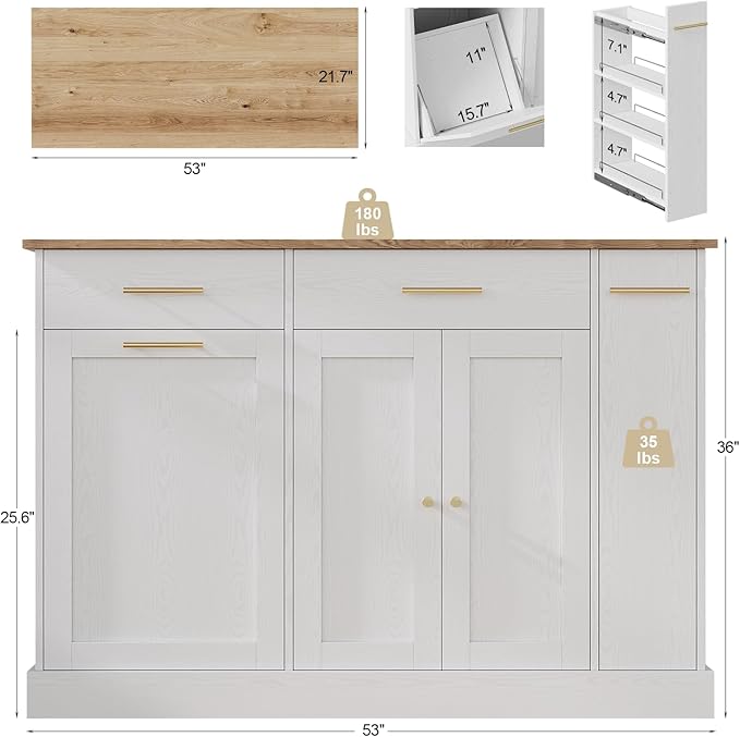 4 EVER WINNER Kitchen Island with Trash Can Storage, Rolling Kitchen Cart on Wheels with Spice Rack & Towel Rack, Movable Island for Kitchen, White