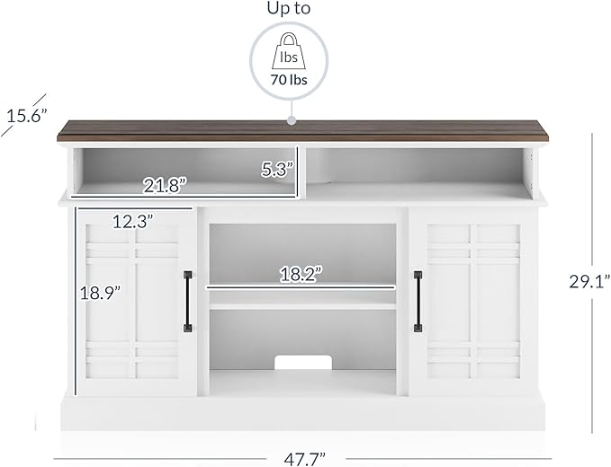 BELLEZE Modern 48" Farmhouse Wood TV Stand & Media Entertainment Center Console Table for TVs up to 50 Inch with Open Storage Shelves & Cabinets - Norrell (White)