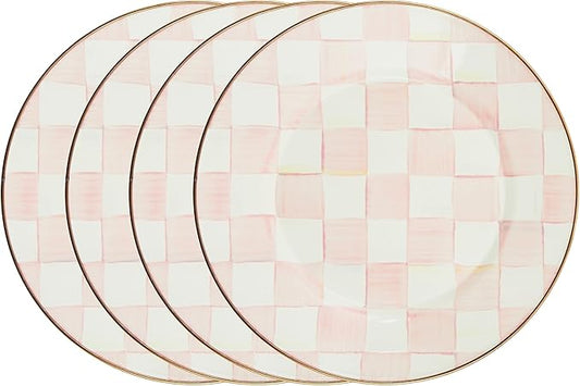 MACKENZIE-CHILDS Enamel Dinner Plate, Decorative Dinnerware Plate, 10 Inches, Set of 4, Pink-and-White Rosy Check