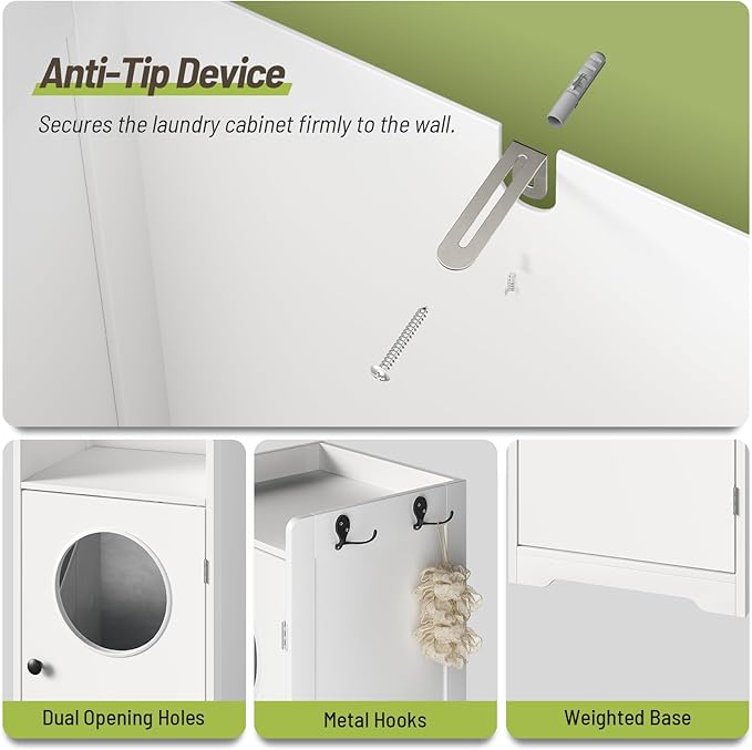 Laundry Hamper Cabinet, Tall Bathroom Storage Cabinet with 2 Removable Laundry Storage Baskets, Hidden Laundry Hamper with 2 Doors and Double Clothes-Toss Round Holes for Bathroom, White