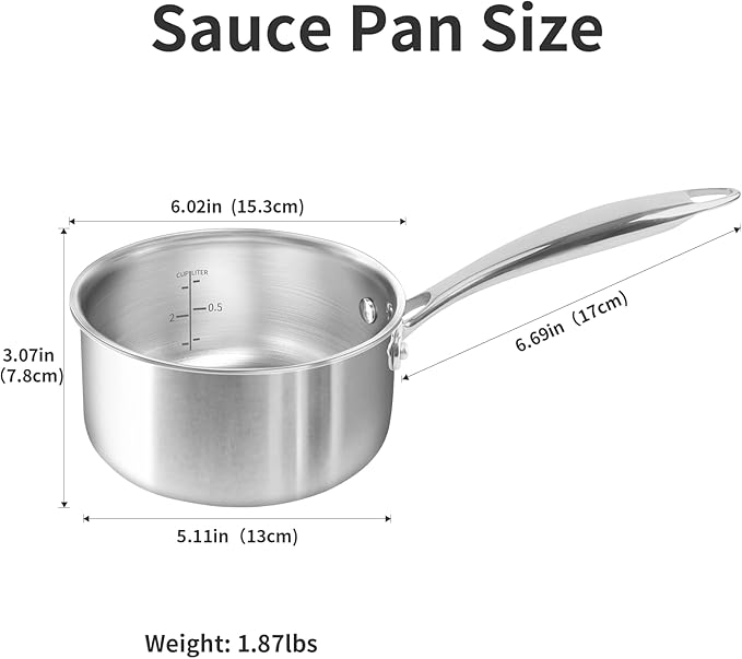 Macevia Sauce Pan with Glass Lid, 18/10 Stainless Steel Pot with Stay-Cool Handle, For All Stoves Multipurpose Use for Home Kitchen or Restaurant（1 Quart）- Silver