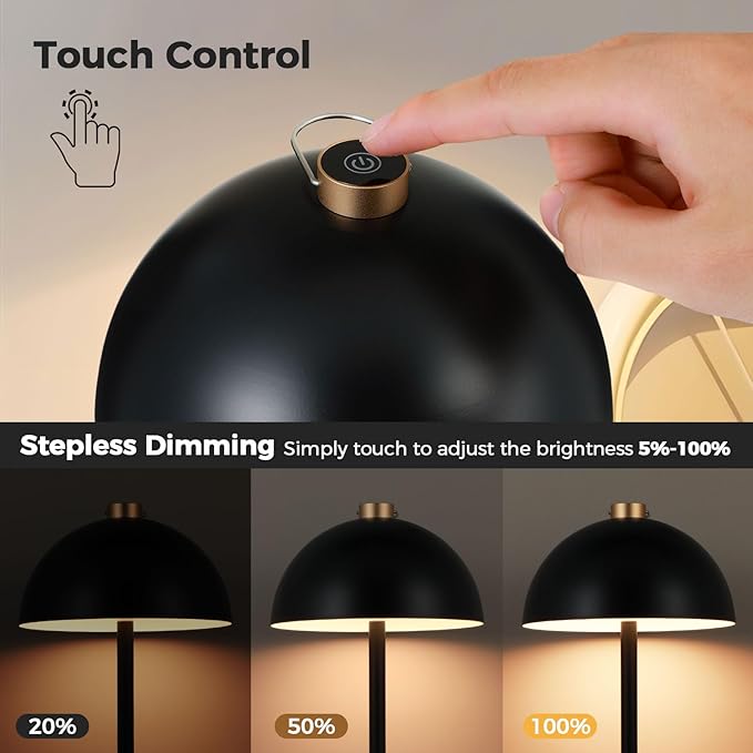 Rechargeable Cordless Touch Table Lamp,Modern 3 Color Stepless Dimming Night Light,Portable Wireless 4000mAh Battery Operated,LED Desk Lamp for Outdoor Patio,Restaurant,Camping,Bedroom,Nightstand