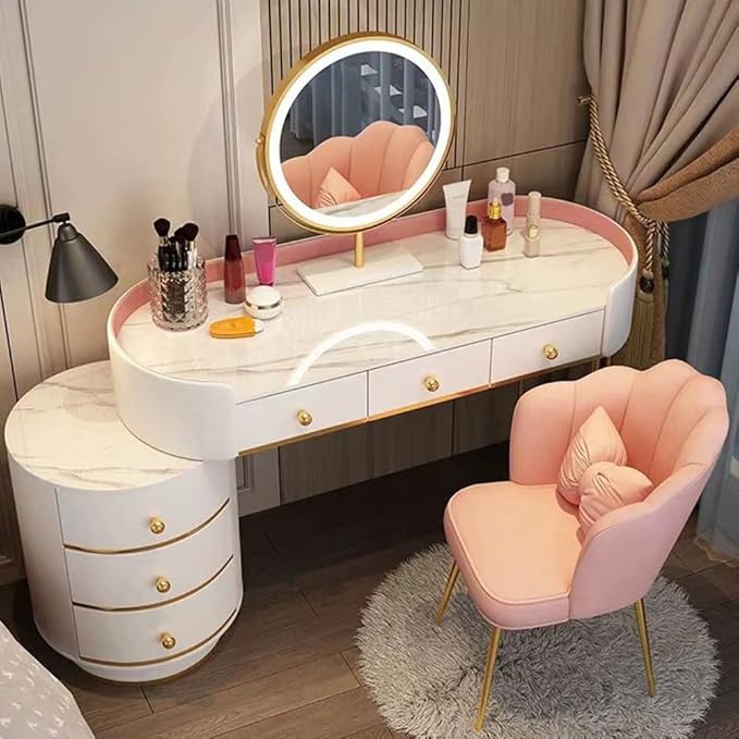 KWOKING Contemporary Make-up Vanity with Slate Stone Top & Storage Drawers Bedroom Dressing Table Storage Cabinet Integrated Table Pink - Makeup Vanity & Mirror & Petal Chair 47" L x 16" W x 31" H
