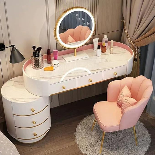 KWOKING Contemporary Make-up Vanity with Slate Stone Top & Storage Drawers Bedroom Dressing Table Storage Cabinet Integrated Table Pink - Makeup Vanity & Mirror & Petal Chair 47" L x 16" W x 31" H