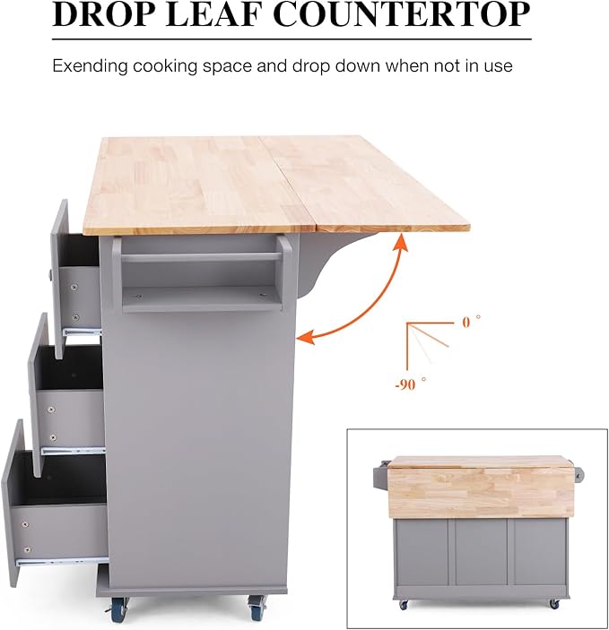 PHI VILLA Kitchen Island Cart on Wheels - Mobile Kitchen Island with Drop Leaf, Rolling Kitchen Table with Storage