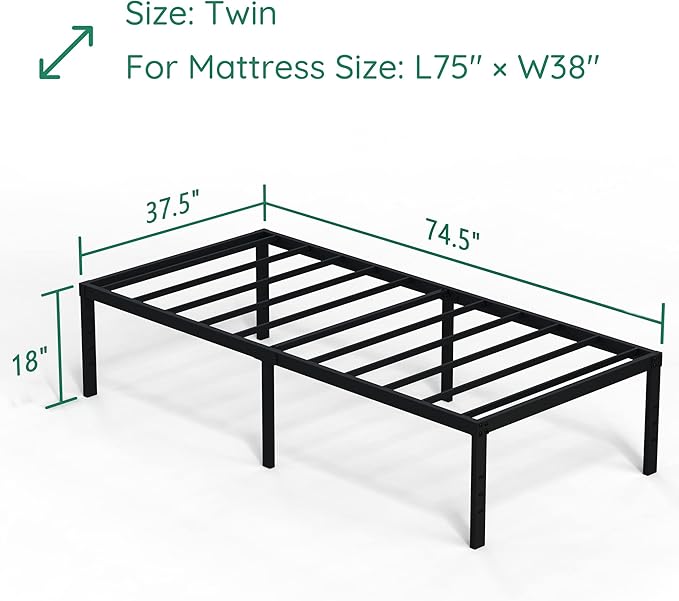 18 Inch Twin Bed Frame Heavy Duty No Box Spring Needed Metal Platform with Maximum Storage, Easy Assembly, Noise Free, Black