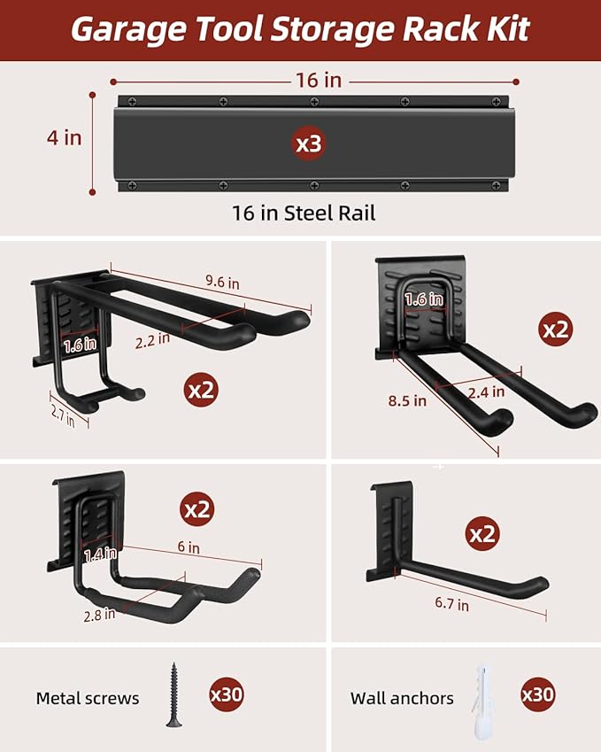 48-Inch Garage Storage Tool Organizer with 8 Hooks - Heavy Duty Metal Rack for Garage Organization, Garden Tool Organizer - Wall Mounted Tool Hanger for Shovels, Ladders, Lawn Tools