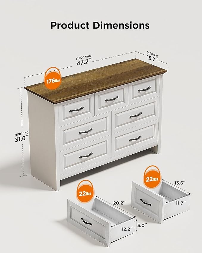 Pipishell White 7 Drawers Dresser for Bedroom, 47" Wide Wood Rustic Chest of Drawers with Bar Handles, Farmhouse Storage Dressers Organizer for Bedroom, Living Room, Hallway, Brown & White