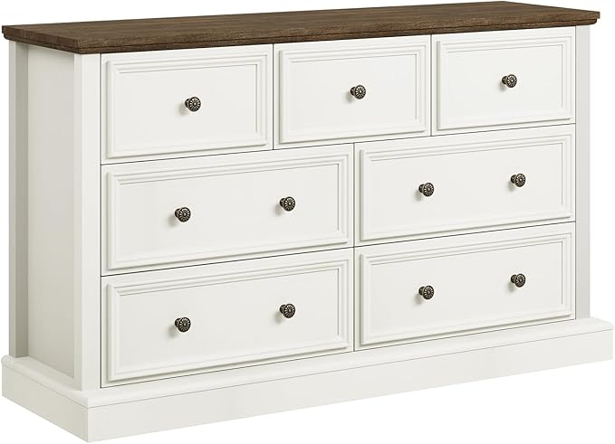 Farmhouse 7 Drawer Dresser for Bedroom, 55" Wide Wood Rustic Chest of Drawers for Bedroom, Storage Dressers Clothes Organizer for Closet, Living Room, Hallway, Dining Room(Vintage White)