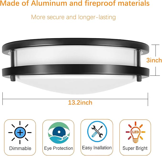 Drosbey 48W LED Flush Mount Ceiling Light Fixture, Ceiling Lights for Kitchen, Bedroom, Bathroom, Garage, Dimmable, Super Bright 5000 Lumens, 3000K/4000K/5000K Adjustable (Black)