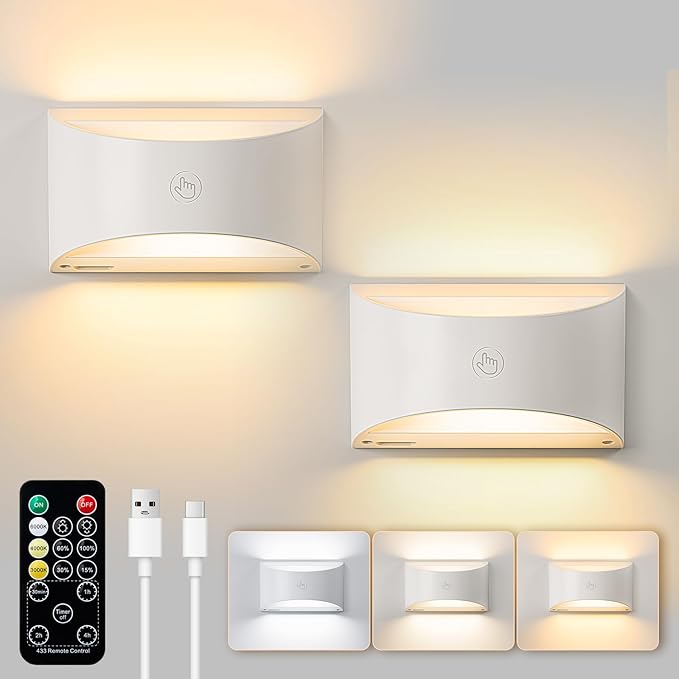 Brightown Battery Powered Wall Sconces Set of Two, Rechargeable Magnetic Wall Sconce with Remote Control, 3 Colors Wireless Up and Down Wall Mount Light for Hallway Bedroom Bedside Living Room(White)