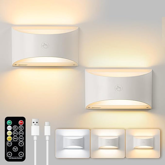 Brightown Battery Powered Wall Sconces Set of Two, Rechargeable Magnetic Wall Sconce with Remote Control, 3 Colors Wireless Up and Down Wall Mount Light for Hallway Bedroom Bedside Living Room(White)