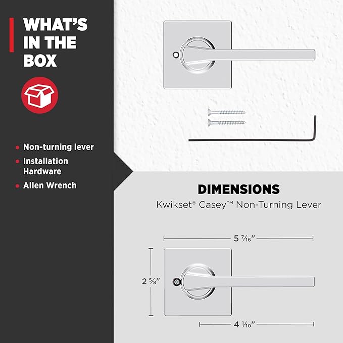 Kwikset Casey Dummy Door Handle, Single Sided Lever for Closets, French Double Doors, and Pantry, Polished Chrome Non-Turning Reversible Interior Push/Pull Lever (Pack of 10)