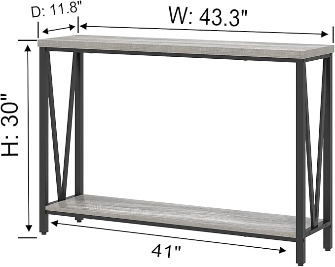 FOLUBAN Industrial Sofa Console Table, Rustic Wood and Metal Entryway Hallway Table for Living Room Entrance, 43.3 Inch Light Grey