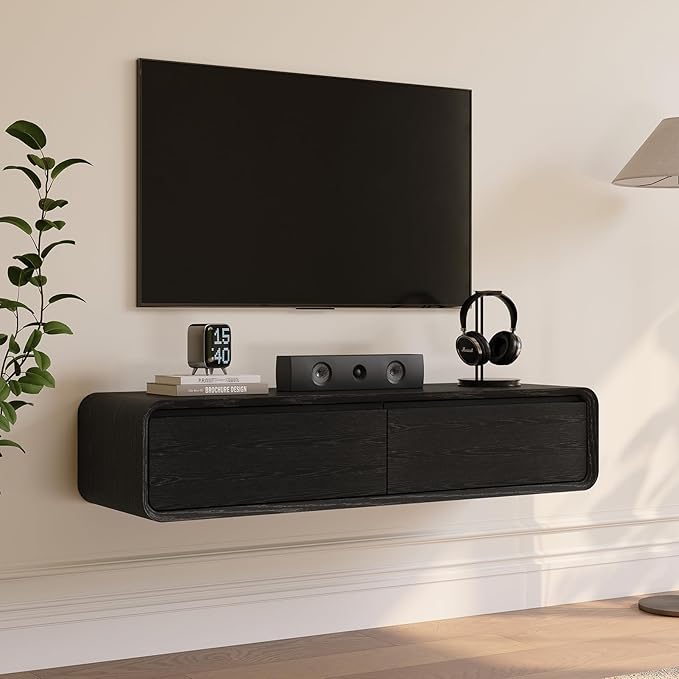 POVISON Fully-Assembled Minimalist Floating TV Stand, Modern Wall-Mounted Entertainment Center with 2 Flip-Down Cabinet Doors, Solid Wood Media Console, Black, 47.24"