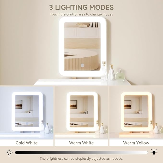 YOURLITE Makeup Vanity Desk with Lights, Small Vanity with Adjustable Brightness Mirror for Small Spaces, Vanity Desk with Drawers 27.5", Square Mirror Wood