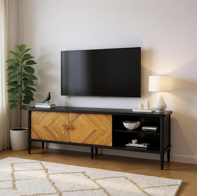 Lenia Solid Wood TV Stand – Mid-Century Modern Media Console with Chevron Doors, Adjustable Shelves & Cable Management – Wooden Entertainment Center – Teak Brown Finish