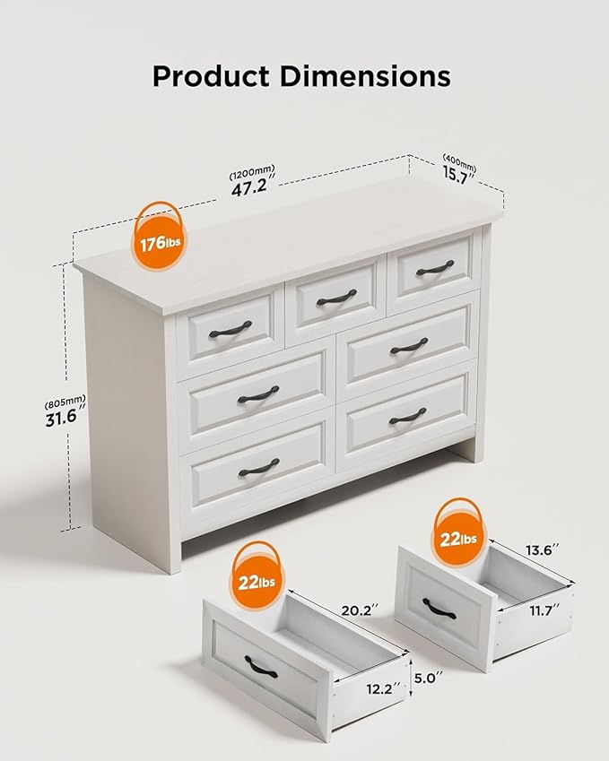 Pipishell White 7 Drawers Dresser for Bedroom, 47" Wide Wood Rustic Chest of Drawers with Bar Handles, Farmhouse Storage Dressers Organizer for Bedroom, Living Room, Hallway, White