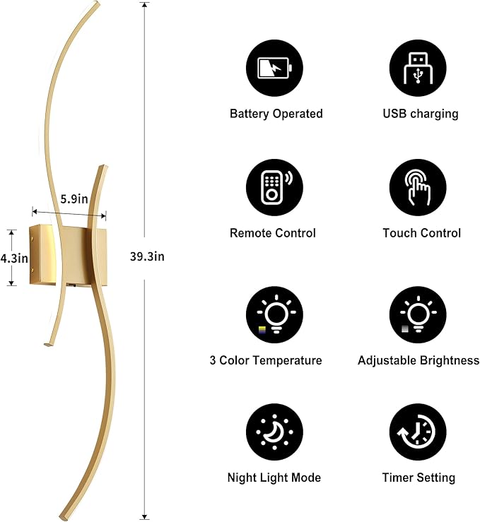 Battery Operated Wall Sconces with Remote Control, Stepless Colors 3000K-6000K & Dimming, LED Gold Wireless Wall Light for Living Room, Hallway, Bedroom, 39.3 Inch (1 Pack)