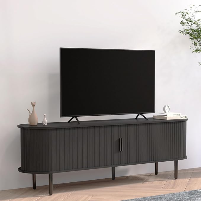 Bonzy Home Mid Century Modern TV Stand, Fluted Entertainment Center with Storage, Long Media Console TV Table for 65" 70" 75" TV, Black