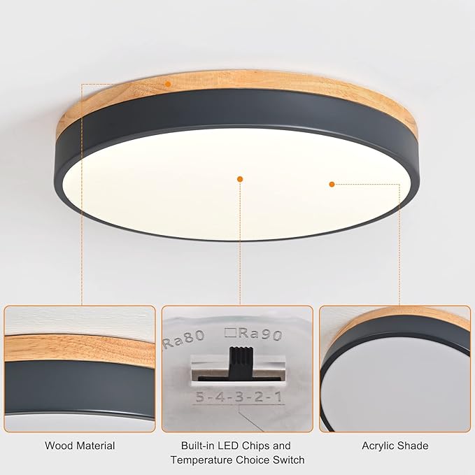 Dimmable Wood LED Flush Mount Ceiling Light, 5CCT 2700K-6000K Selectable Modern Round Close to Ceiling Lighting Fixtures, Minimalist Grey Ceiling Lamp for Living Room, Bedroom, Laundry Room