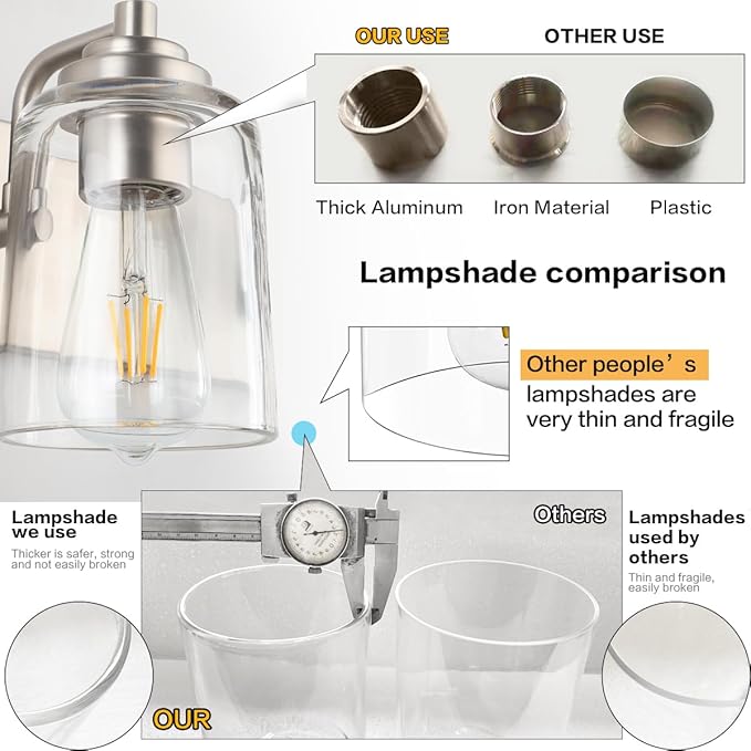 SOLFART Brushed Nickel Bathroom Light Fixture Vanity Lighting Fixtures Over Mirror 2 Light Bathroom Vanity Light Nickel Wall Light