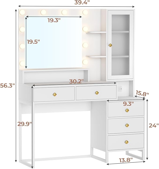 Tiptiper Makeup Vanity Desk with Mirror and Lights & Charging Station, White Vanity Table with 5 Storage Drawer & Glass Door & 3 Shelves for Bedroom, Modern White
