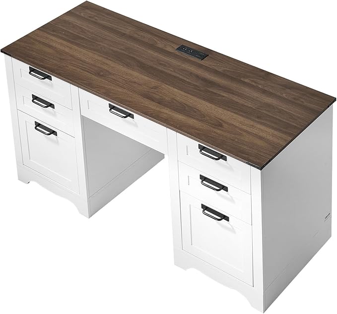VEVOR 60" Executive Desk with Drawers, Farmhouse Home Office Desk with Charge Station, Keyboard Tray, File Storage Cabinet, 200 LBS Load Capacity Wood Table, Easy Assembly, for Work Study, Walnut