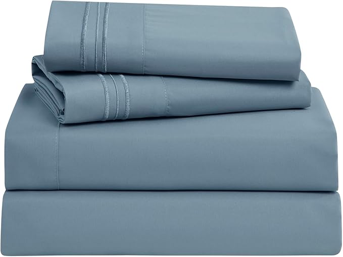 Clara Clark Bed Sheets, Premier 1800 Series Bed Sheet Set, Deep Pocket, Wrinkle, Fade, Stain Resistant, Luxury Soft Bedding Sheets & Pillowcases, California King, Stone Blue
