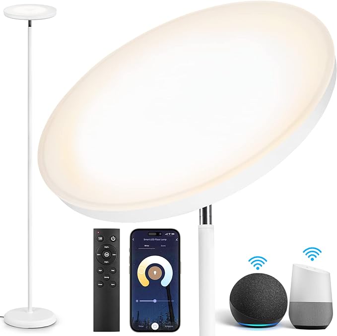 OUTON Smart LED Floor Lamp, 30W/3000LM Dimmable Bright Torchiere Sky Lamp Compatible with Alexa Google Home, WiFi Remote, Tall Standing Lamp with 4 Color Temperature for Living Room Bedroom Office