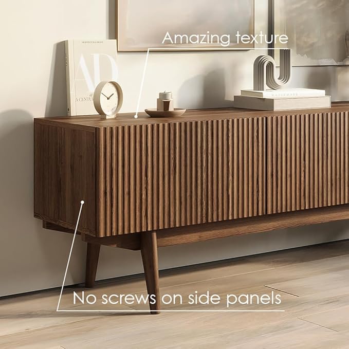 Living Skog TV Stand for Living Room TV Media Console Table, Modern Entertainment Center with Storage Scandinavian Midcentury Fluted Style Fits TV 50 55 60 65 70 inch, Wood Legs (Brown, Kelly 59 in)