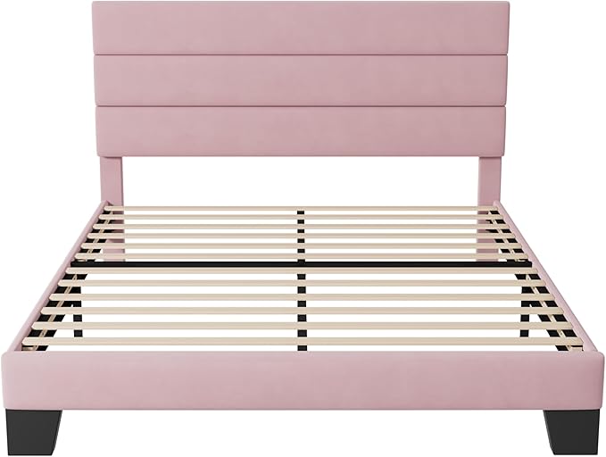 Allewie Full Size Platform Bed Frame with Velvet Upholstered Headboard and Wooden Slats Support, Fully Upholstered Mattress Foundation/No Box Spring Needed/Easy Assembly, Pink