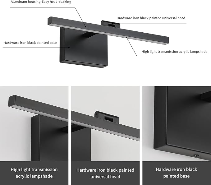 Joosenhouse Led Picture Light Dimmable 15.74" Inches Black Wall Lights Fixture Rotatable Sconce Lamps As Art Lights for Paintings 7W Hardwired Connection 3000k