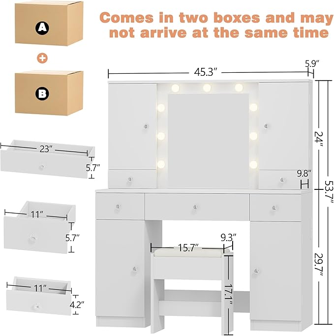 wanan White Vanity with Jewelry Storage, Big Makeup Vanity Desk with Mirror and Lights, 5 Drawers and 4 Cabinets, 45.3'' Large Vanity Set for Bedroom