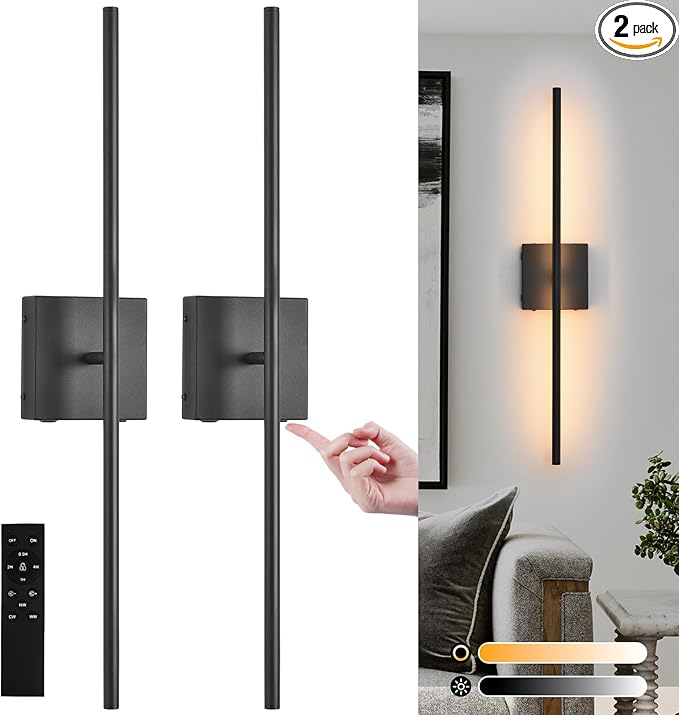 Battery Operated Wall Sconces set of 2, 16000mAh Black Rechargeable Wall Sconce with Remote Control, 3000K-6000K Dimmable LED Wireless Wall Light for Living Room, Hallway, Bedroom, Stairs, 29 Inchs
