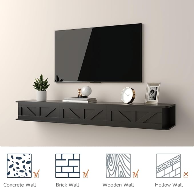 Black Floating TV Stand for 43 55 65 70 inch TV, Entertainment Center Media TV Console Shelf and Storage Drawers for Wall for Living Room Bedroom