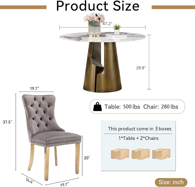 3-Piece Faux Marble Round Dining Table Set for 2, Modern Luxury Kitchen Table Set for 2 with Grey Tufted Chairs,Circle Dining Tables with Pandora Grain Top and Bronze Pedestal Base