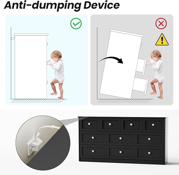 59.1" Wide Dressers & Chests of Drawers with Large Capacity Storage, Large Wooden Storage Organizer 10 Drawer Dresser for Bedroom（Black）