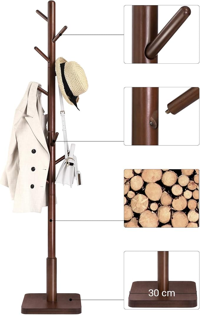 VASAGLE Solid Wood Coat Rack, Free Standing Hall Coat Tree with 8 Hooks, 3 Height Options, for Coats, Hats, Bags, Purses, for Entryway, Hallway, Rubberwood Hooks and Pole, Dark Walnut URCR010W01