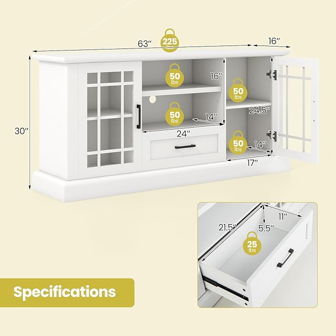 Tangkula Farmhouse TV Stand for TV up to 70 Inch, Tall Media Console Table with 2 Glass Doors, Entertainment Center with Cubbies & Drawer, Storage Cabinet or Sideboard Buffet for Living Room (White)
