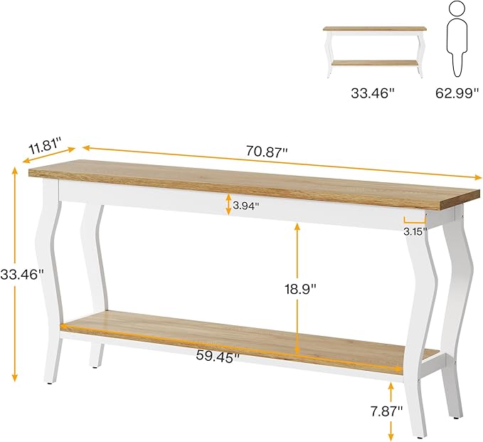 Tribesigns 70.9 Inches Extra Long Sofa Table Behind Couch, Vintage Console Entry Table with 2-Tier Storage for Hallway, Entryway, Living Room, White & Light Oak