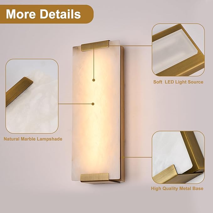 14.2in Alabaster Wall Sconce, Large Natural Marble Wall Light Decor, LED Modern Wall Lamp for Bedroom, Stairs, Living Room, Vanity, Bedside, Hallway （Brushed Bronze 12W）