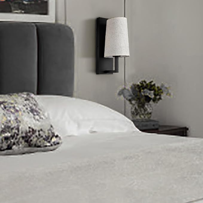 Farmhouse Black Wall Sconces Set of Two Modern Matte Black Wall Lamp with Fabric Shade for Bedroom Hallway Living Room