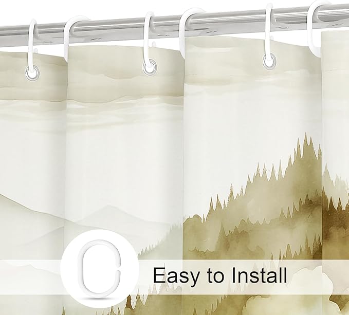 Yellow Long Misty Pine Forest Shower Curtain 72 x 78, Mountain Foggy Woodland Scenery Tree 78 Inch Long Shower Curtains for Bathroom, Abstract Waterproof Nature-Themed Decor