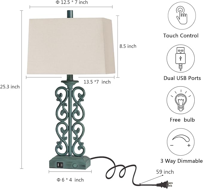 25" Set of 2 Touch Vintage Resin Table Lamps for Living Room, 3-Way Dimmable Nightstand Lamp with 2 USB Ports, Farmhouse Rustic Bedside Lamp for Entryway Bedroom End Table, 2 LED Bulb Included