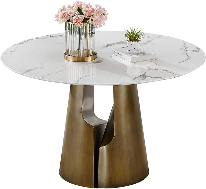 Round Faux Marble Dining Table Set for 4, Modern Luxury Kitchen Table for 4-6, Circle Dining Tables with White Marble Grain Top and Bronze Carbon Steel Pedestal Base (1 Table Only)