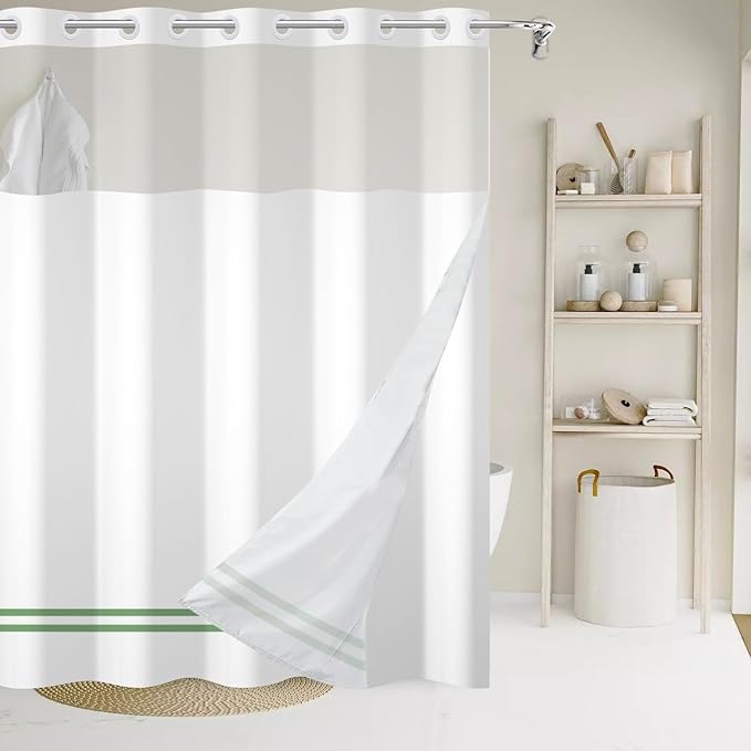 No Hook Shower Curtain with Snap in Liner, White and Green Striped Heavy Duty See Through Window Waterproof Machine Washable Bathroom Curtain 71" W x 74" L (Pack of 1)
